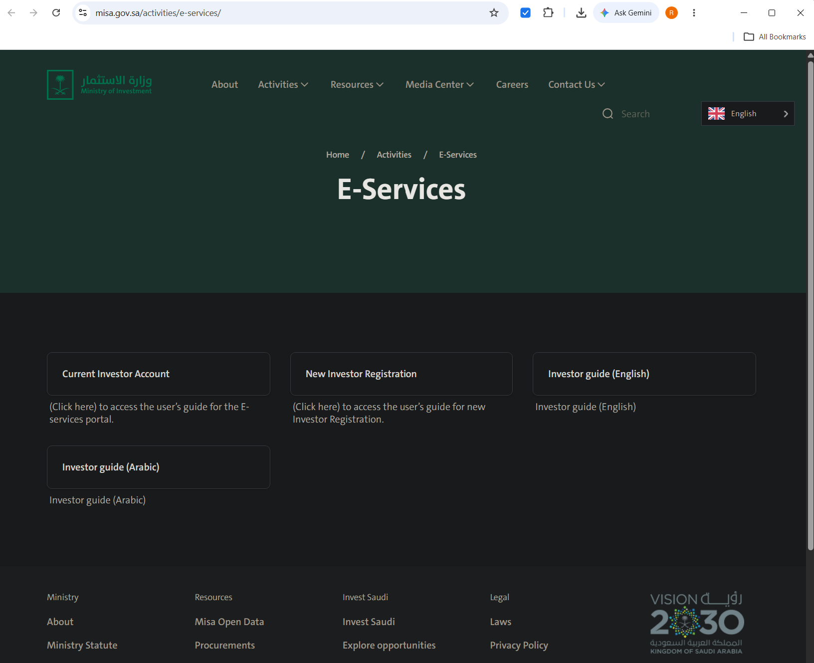 MISA's E-Services page, showing cards for current investor account, new investor registration and the investor guide.